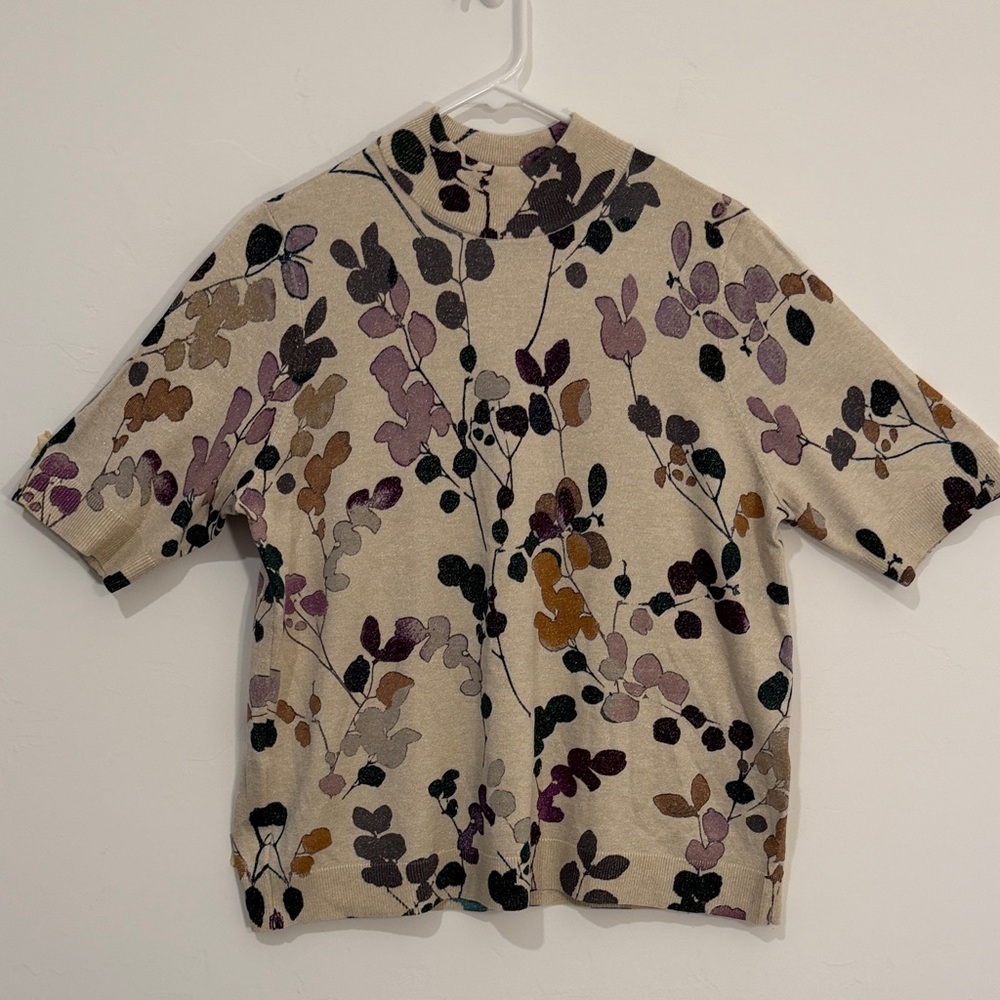 Chicos Metallic Cream Leaf Print women mock neck short sleeve sweater size L - Picture 3 of 10